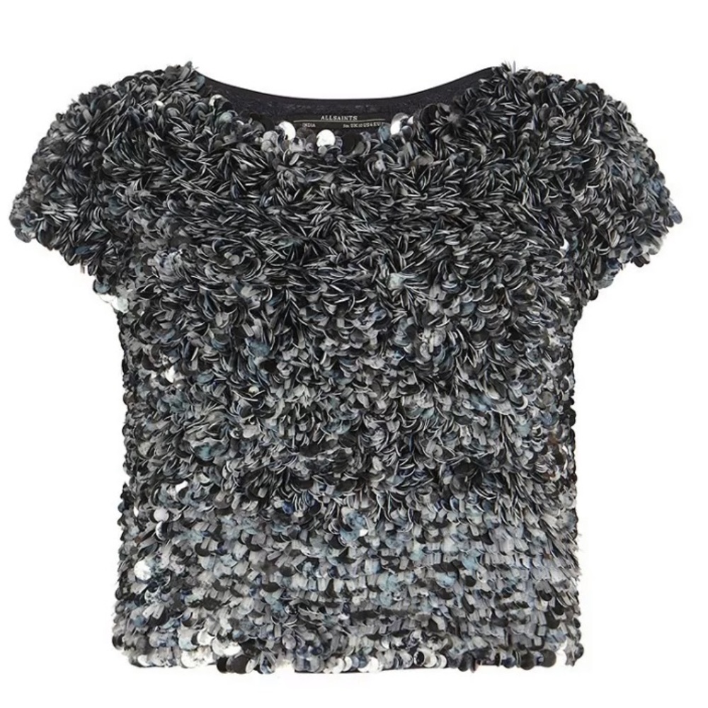 AllSaints, graffiti, silver & blue sequin top